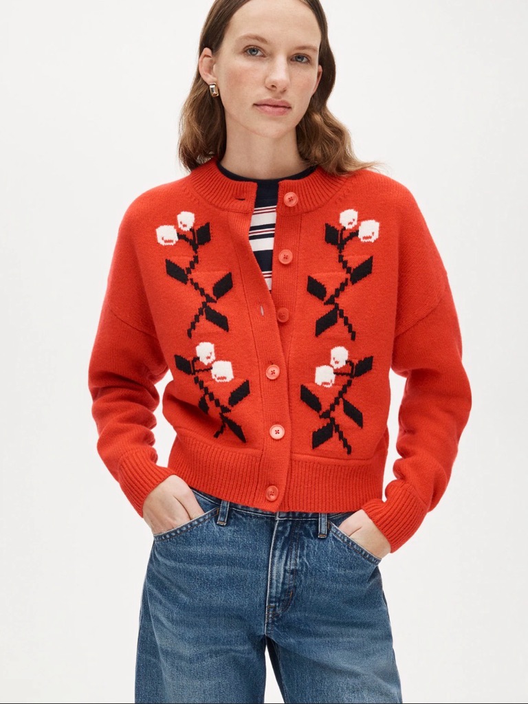J.Crew Vintage Wool Red Cardigan In Cherry Print